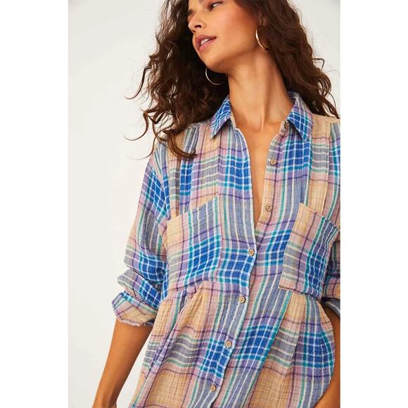 Free People The Voyage Shirtdress Gauze Plaid Blue in Sunrise Combo Size XS - Picture 5 of 14